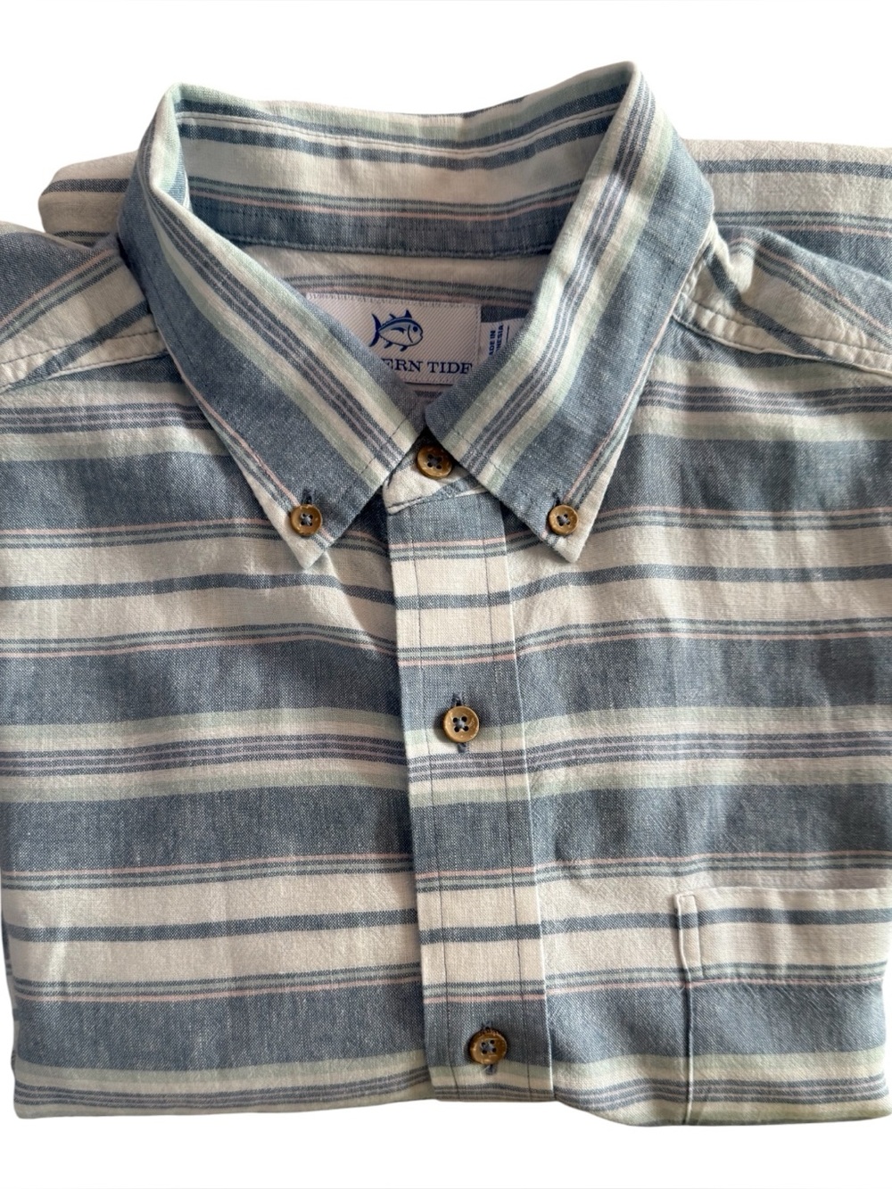 Southern Tide Stonehill Stripe Linen Blend Short Sleeve Shirt Blue White M